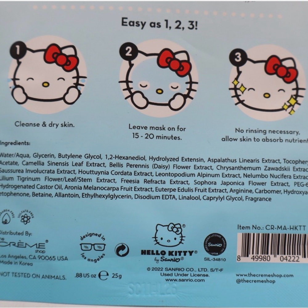 🇱🇷The Creme Shop Hello Kitty Tea Time Sheet Masks - Bundle of 3 - Picture 3 of 3